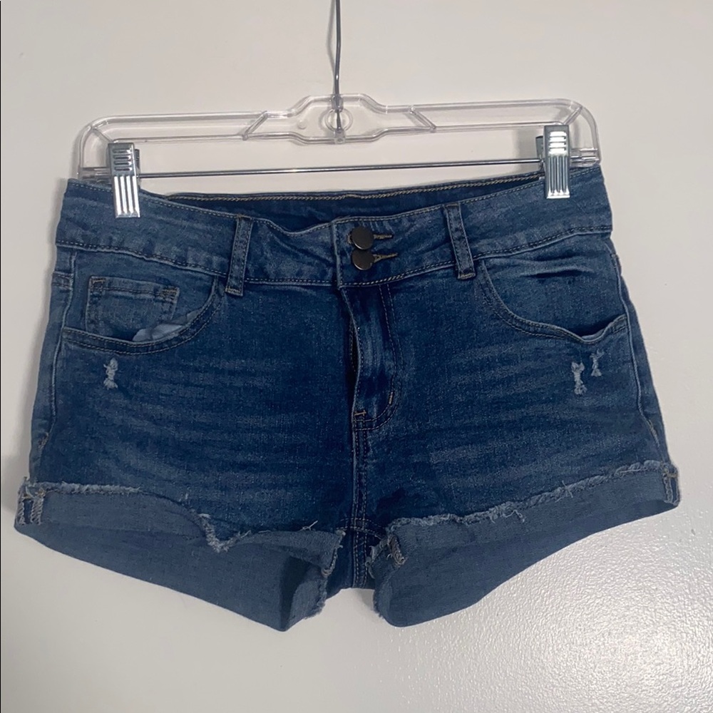 SHEIN Blue Jean Shorts with Distressed Mid-Thigh Cut
